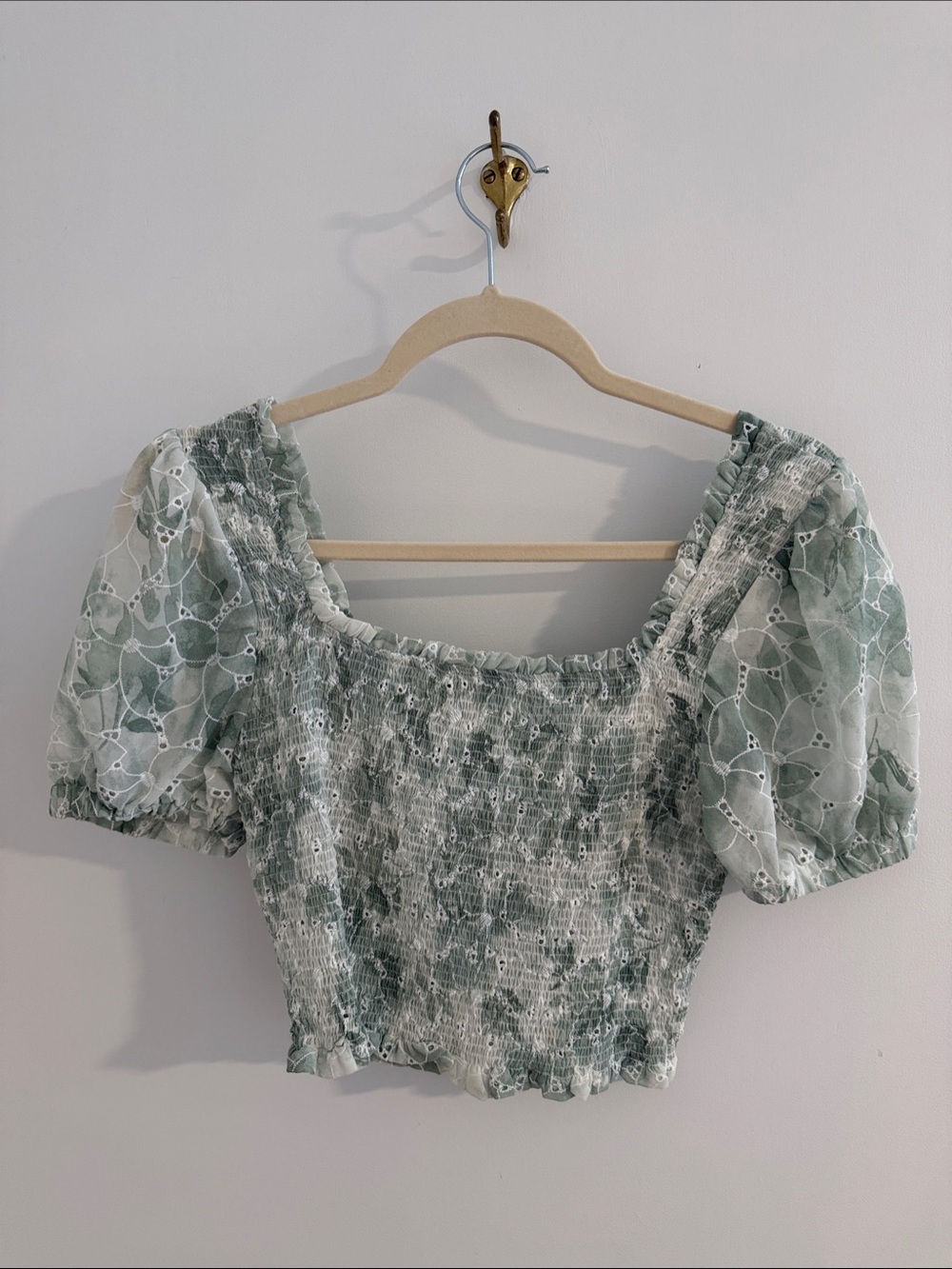Astr Smocked Square-Neck Crop Top in Sage Green and White